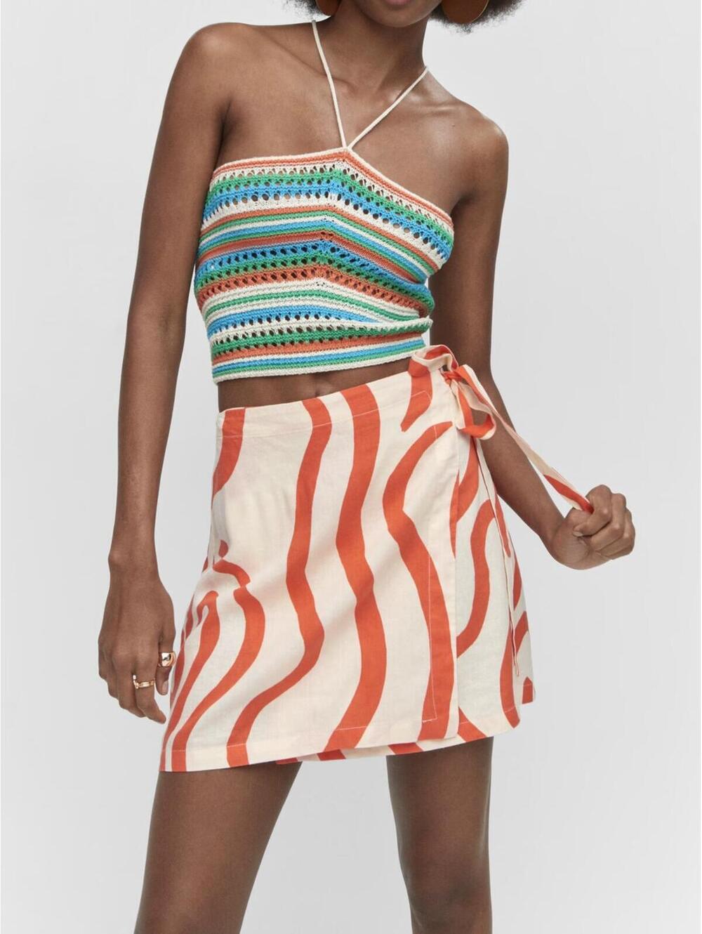 Mango Printed Linen-Blend Skirt Orange Ecru NWT Size XS
